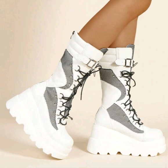 Women's Platform Chunky Heel Mid-Calf Punk Boots - Picture 2 of 5